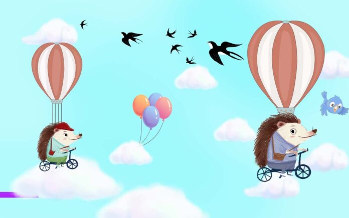 Tranh dán tường hoạt hình nhím khinh khí cầu