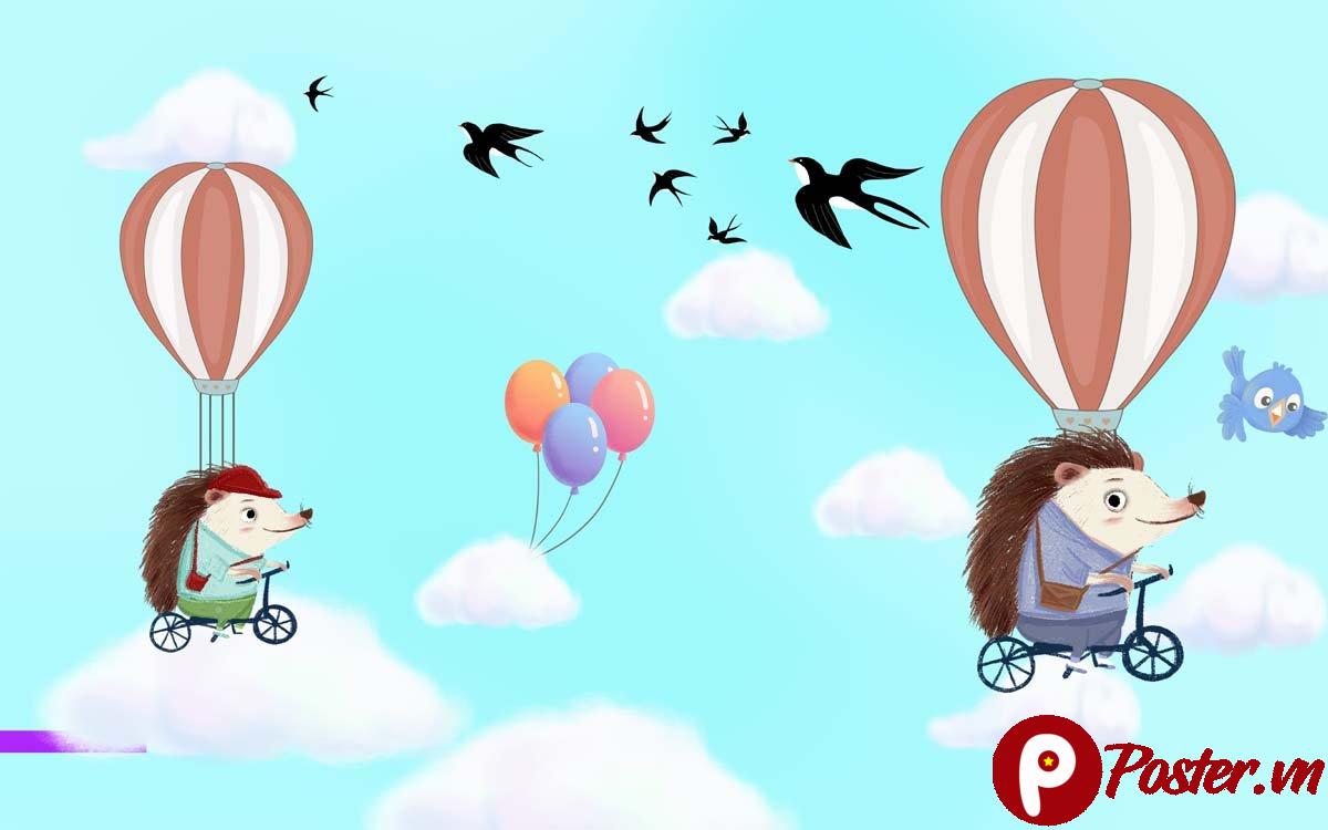 Tranh dán tường hoạt hình nhím khinh khí cầu