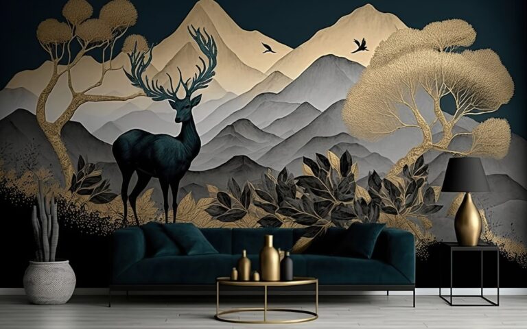 Tranh dán tường hươu vàng phong cách Á Đông