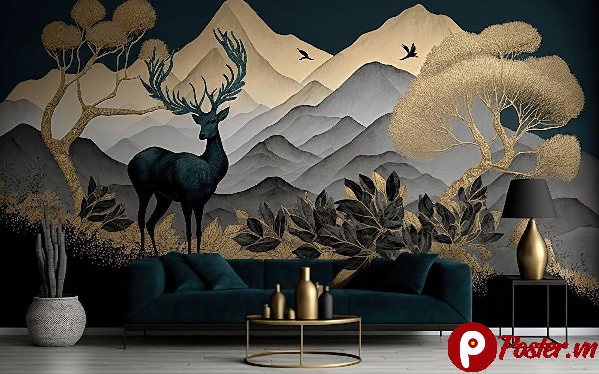 Tranh dán tường hươu vàng phong cách Á Đông