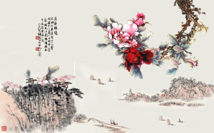 Tranh dán tường hoa mẫu đơn phong cách thủy mặc truyền thống Trung Hoa