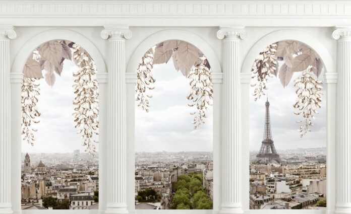 Mẫu tranh dán tường 3D Paris phong cách tân cổ điển sang trọng với tháp Eiffel