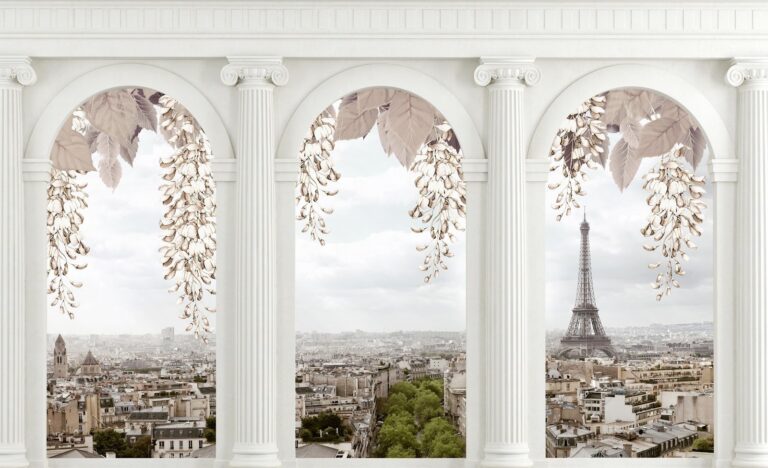 Mẫu tranh dán tường 3D Paris phong cách tân cổ điển sang trọng với tháp Eiffel