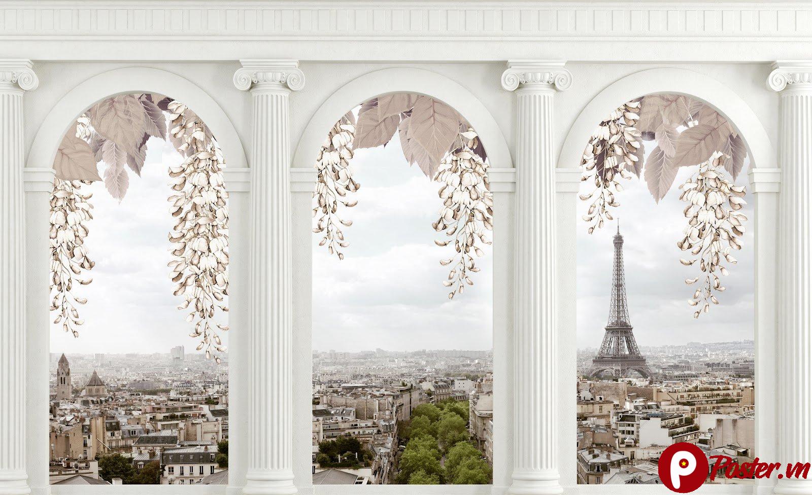 Mẫu tranh dán tường 3D Paris phong cách tân cổ điển sang trọng với tháp Eiffel