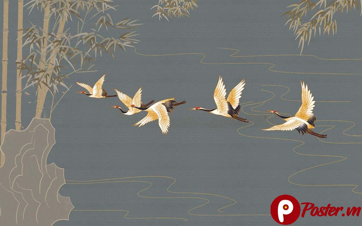 Tranh dán tường chim hạc và cây tre