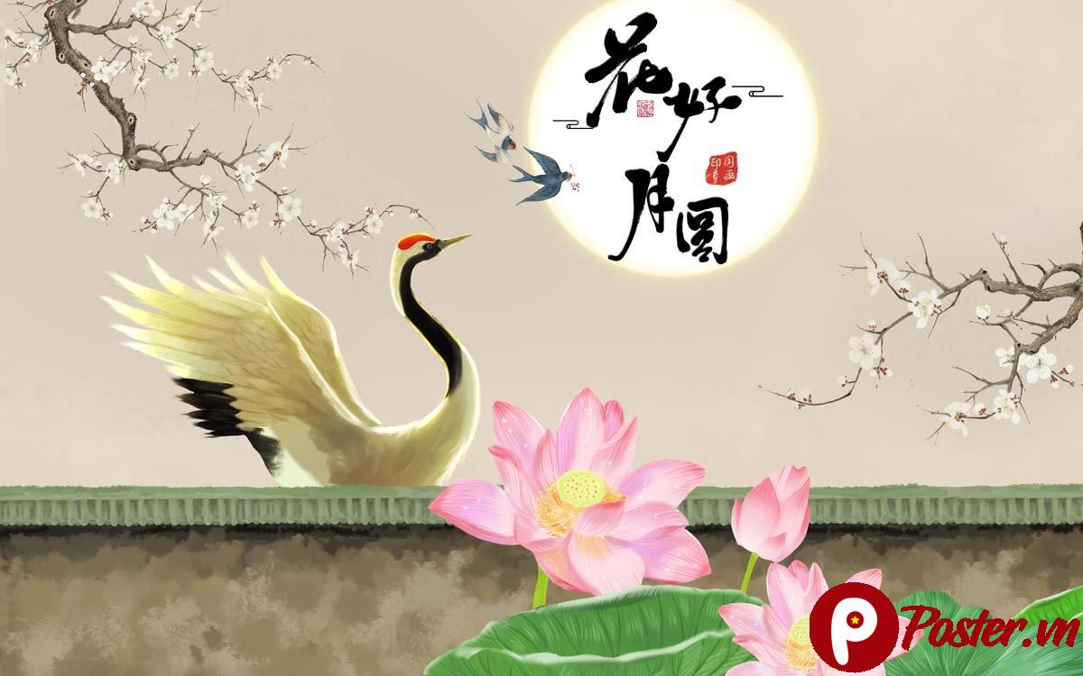 Tranh dán tường phong cảnh cò sen