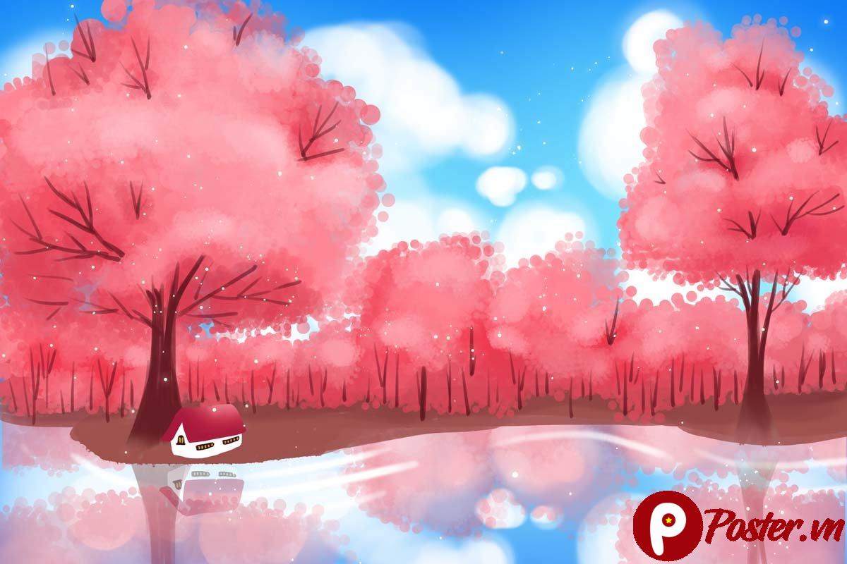 Tranh dán tường hoa anh đào phong cảnh