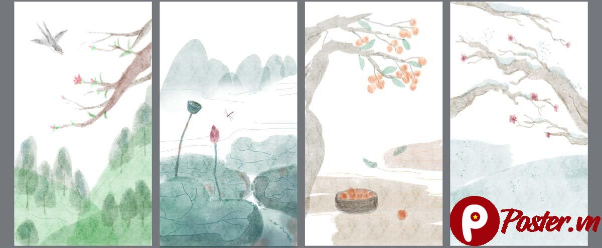 Tranh dán tường phong cảnh thủy mặc