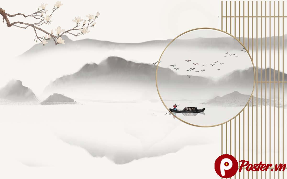 Tranh dán tường phong cảnh thủy mặc