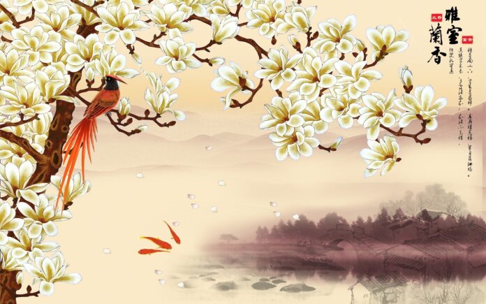 Tranh dán tường thủy mặc hoa mộc lan trắng và chim phượng hoàng