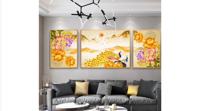 Tranh Hiện Đại 037 chim công hoa mẫu đơn