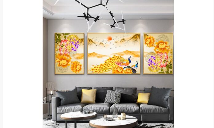 Tranh Hiện Đại 039 chim công hoa mẫu đơn