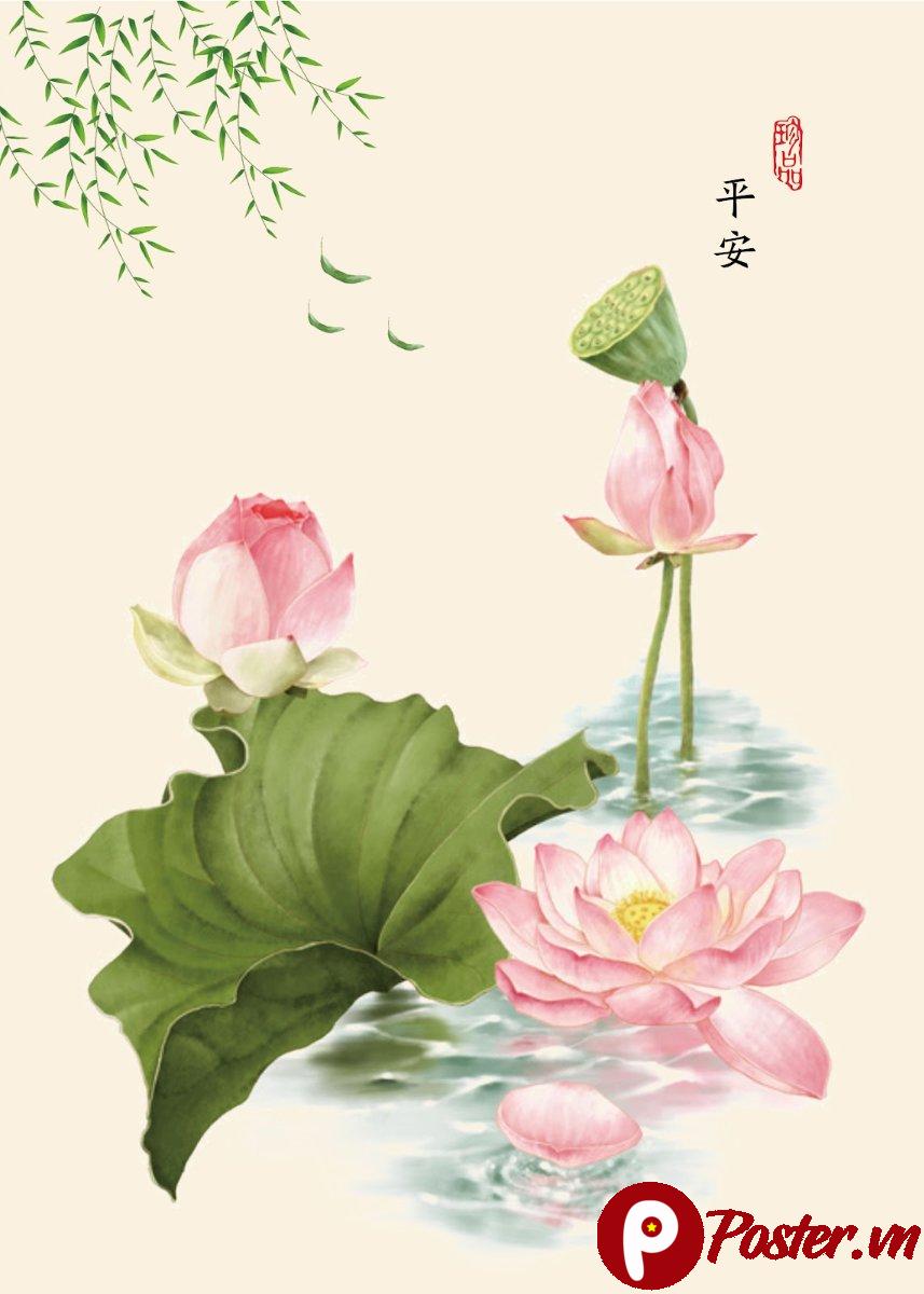 Tranh hoa sen thủy mặc vector