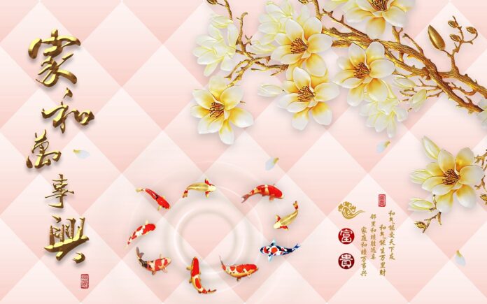 Mẫu tranh khảm đá 3D cá koi và hoa mộc lan sang trọng