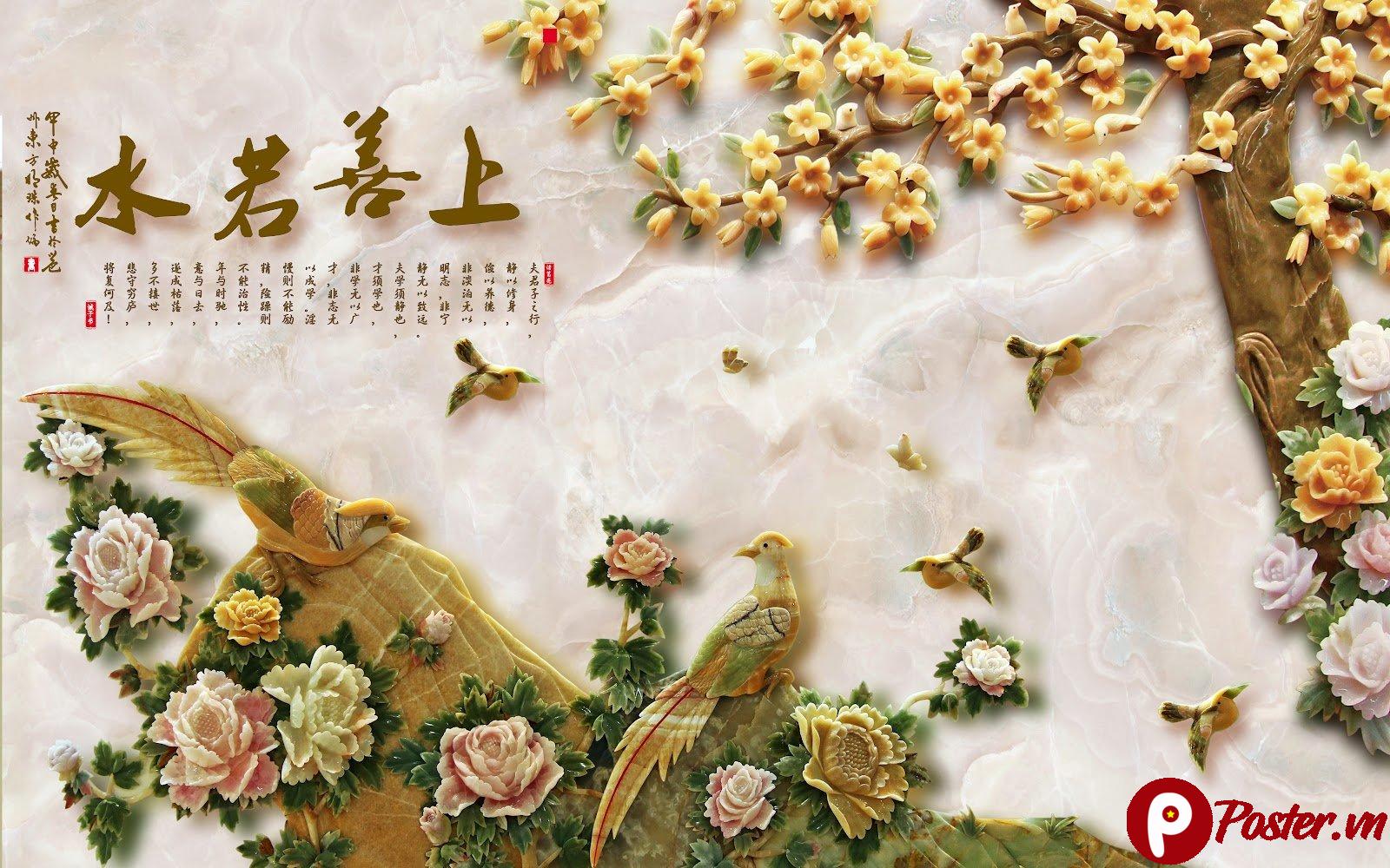 File tranh khảm đá 3D chim công và hoa mẫu đơn phong cách phù điêu sang trọng