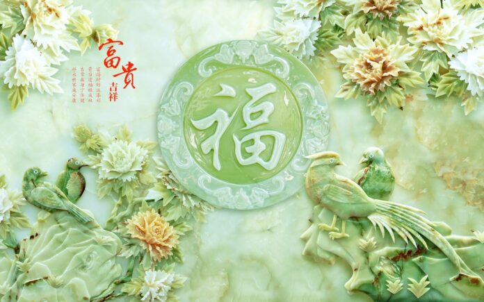 Tranh phù điêu 3D giả ngọc bích chữ Phúc và hoa mẫu đơn sang trọng