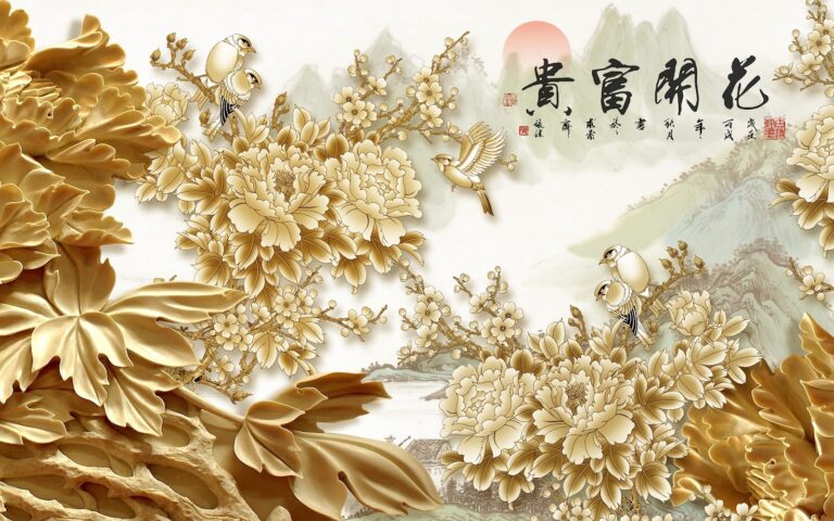 Tranh khảm đá 3D hoa mẫu đơn và đôi chim sẻ sang trọng