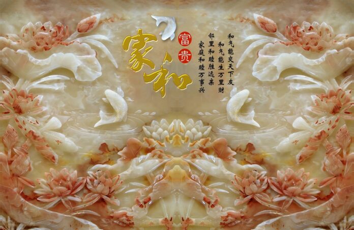 Mẫu tranh phù điêu giả ngọc khảm đá cá chép hoa sen 3D cực nét