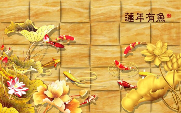 Tranh khảm đá cá koi và hoa sen 3D phong cách phù điêu giả đá sang trọng