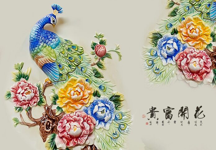 Tranh phù điêu 3D khảm đá chim công và hoa mẫu đơn cực đẹp