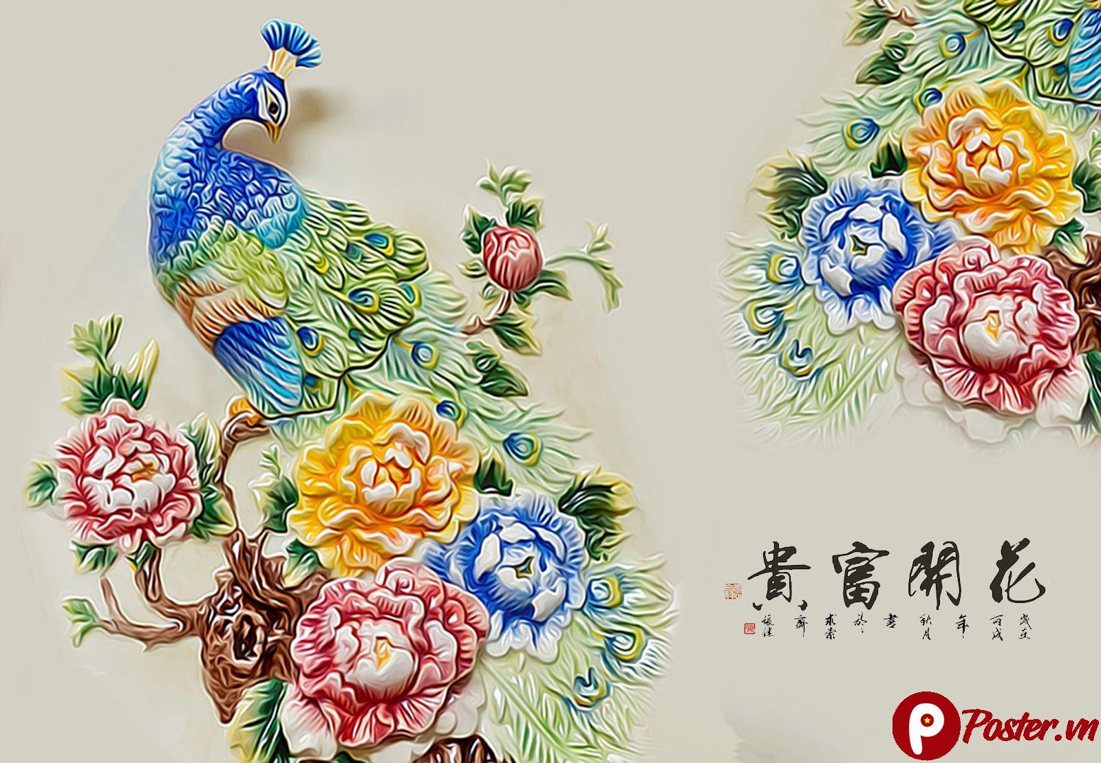Tranh phù điêu 3D khảm đá chim công và hoa mẫu đơn cực đẹp