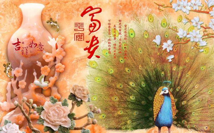 Mẫu tranh khảm đá chim công và hoa mẫu đơn phong cách phù điêu sang trọng