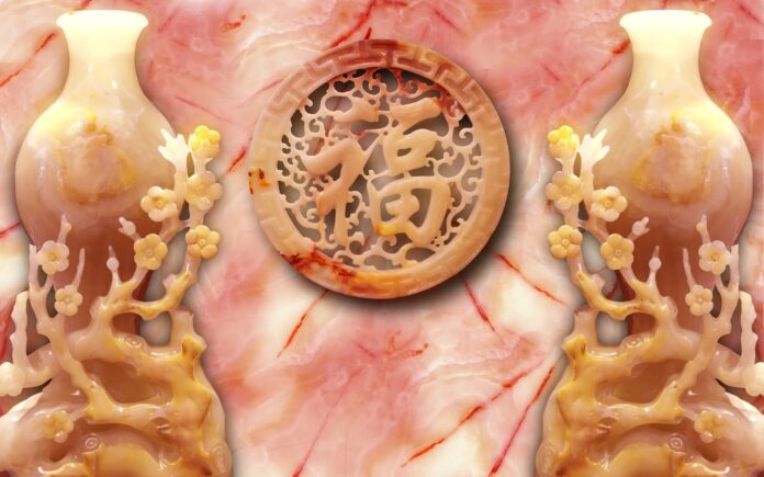 Tranh khảm đá chữ Phúc nghệ thuật trên nền cẩm thạch hồng sang trọng