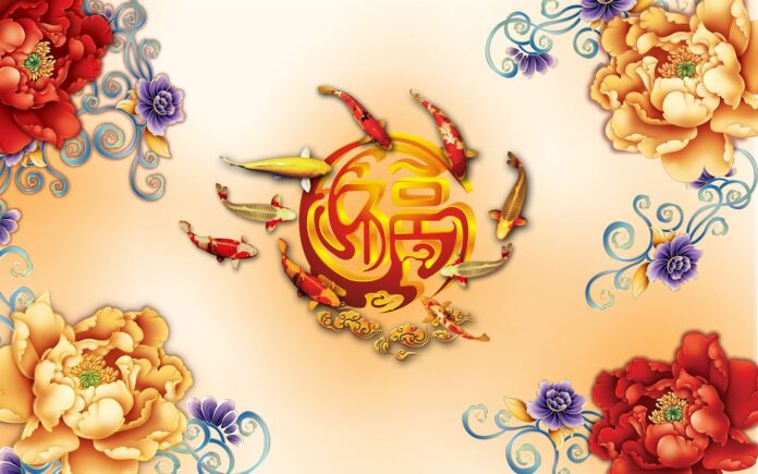 Mẫu tranh khảm đá chữ Phúc và chín con cá chép cửu ngư quần hội sang trọng