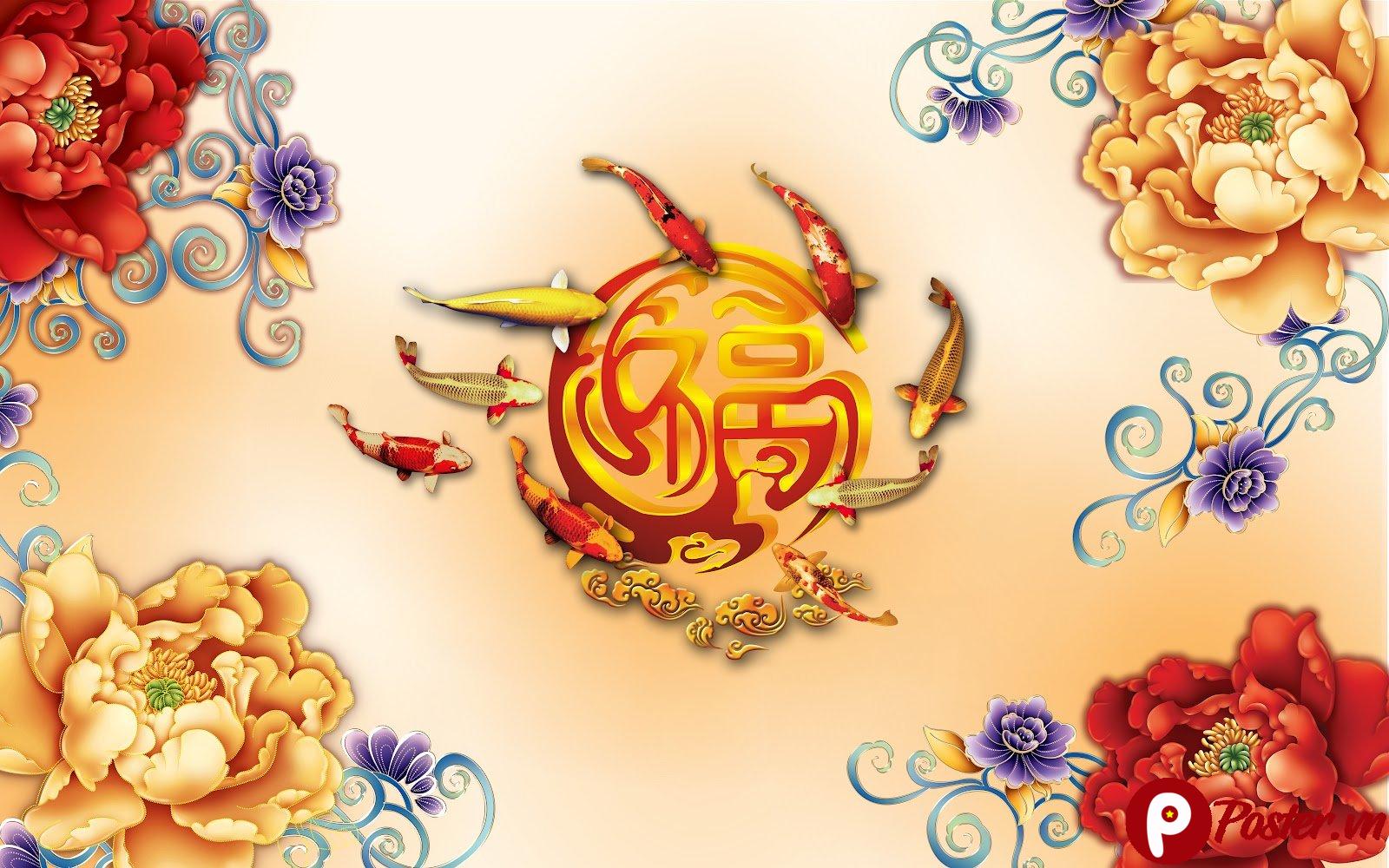 Mẫu tranh khảm đá chữ Phúc và chín con cá chép cửu ngư quần hội sang trọng