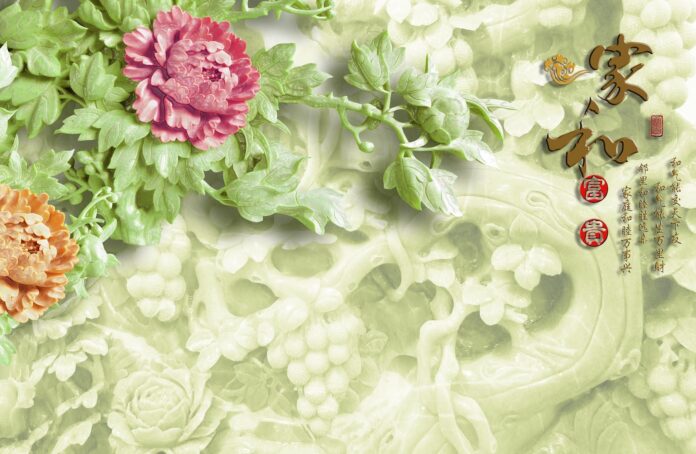 Tranh phù điêu 3D khảm đá giả ngọc hoa mẫu đơn và chữ Hán cát tường