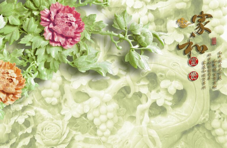 Tranh phù điêu 3D khảm đá giả ngọc hoa mẫu đơn và chữ Hán cát tường