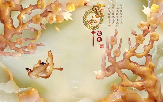 Tranh khảm đá giả ngọc 3D hoa mai và đôi chim khách sang trọng