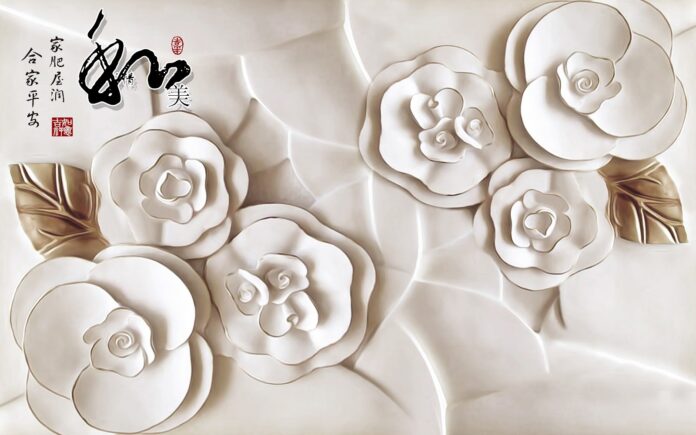Mẫu tranh khảm đá hoa trà 3D chạm khắc nổi sang trọng với tông màu trắng vàng