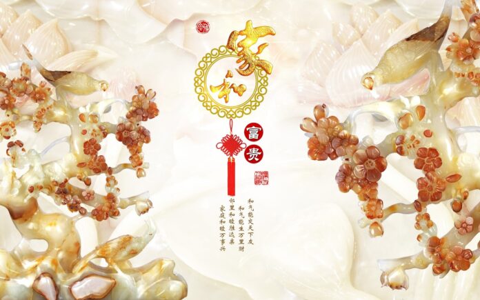 Mẫu tranh khảm đá khảm gỗ 3D phong cách Á Đông tinh xảo với hoa mai và nút thắt cát tường