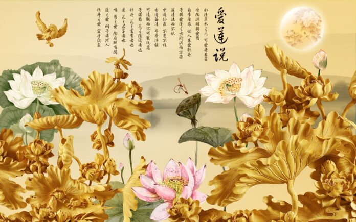 Mẫu tranh nghệ thuật khảm đá khảm gỗ hoa sen vàng phong cách Trung Hoa cổ điển