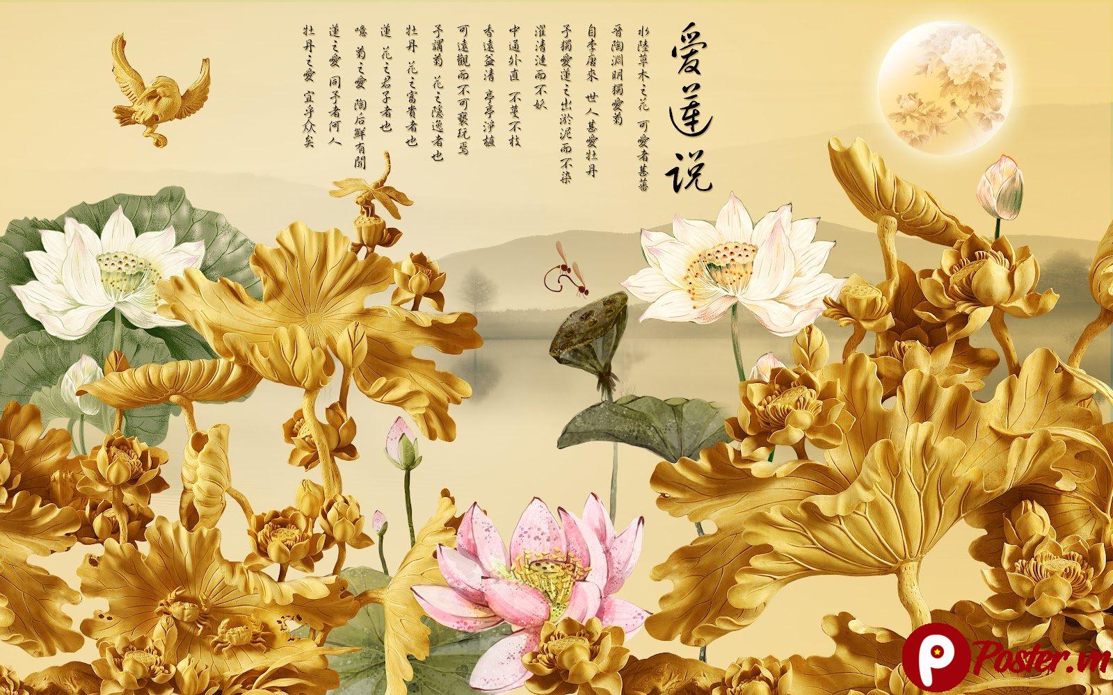 Mẫu tranh nghệ thuật khảm đá khảm gỗ hoa sen vàng phong cách Trung Hoa cổ điển