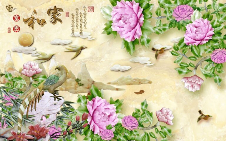 Mẫu tranh khảm đá 3D hoa mẫu đơn và chim công sang trọng