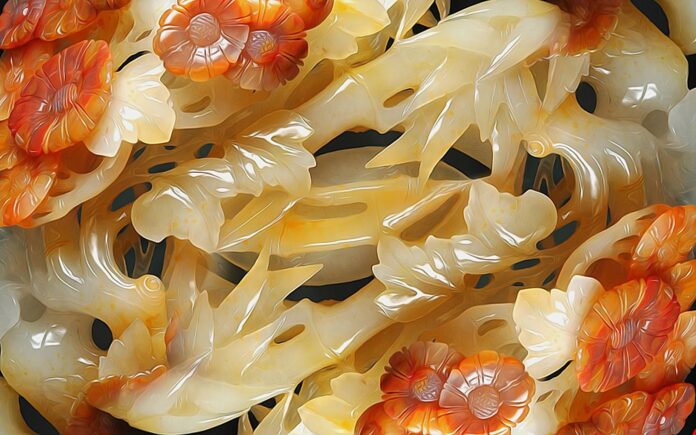 Tranh điêu khắc đá quý tinh xảo với họa tiết hoa lá màu trắng kem và hổ phách