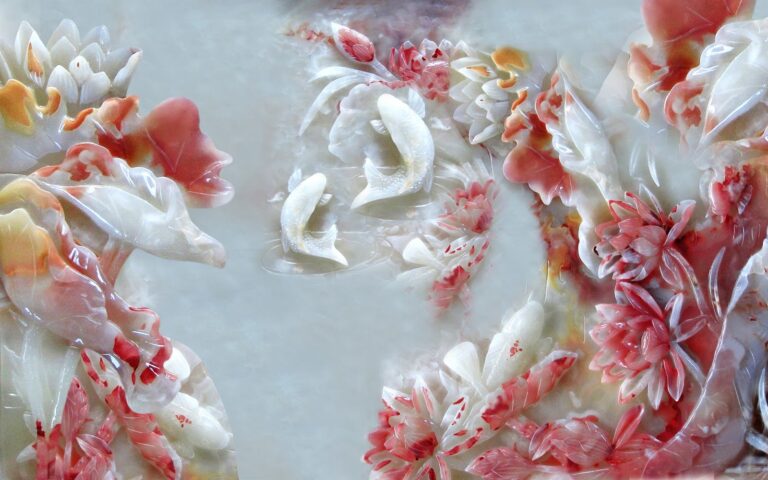 Mẫu tranh khảm đá hoa sen và cá chép trắng ngọc tinh xảo