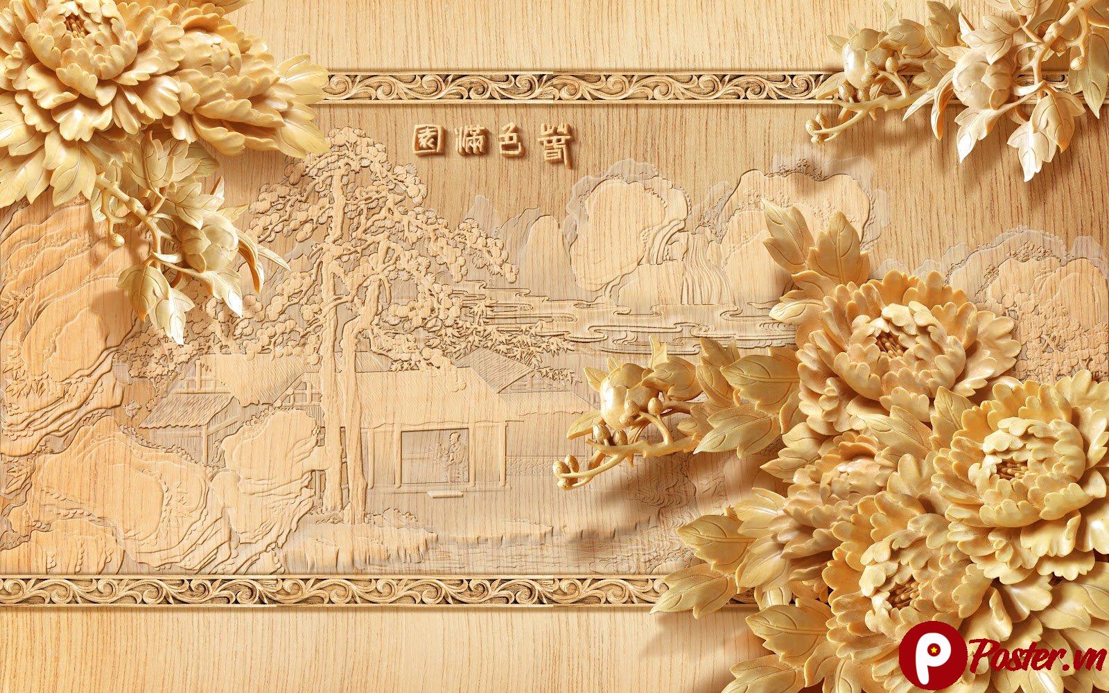 Bức tranh điêu khắc gỗ tinh xảo hình hoa mẫu đơn và phong cảnh sơn thủy truyền thống