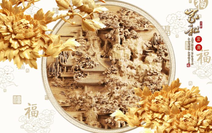 Mẫu tranh khảm gỗ phù điêu hoa mẫu đơn và phong cảnh núi non sang trọng