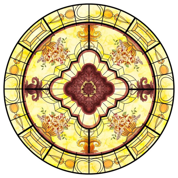 Thiết kế tranh kính hoa văn cổ điển hoa hồng đối xứng tông màu vàng sang trọng