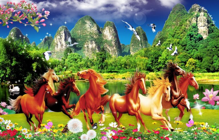 Tranh Mã Đáo Thành Công với 8 ngựa phi nước đại trong khung cảnh thiên nhiên hùng vĩ, sắc màu rực rỡ, tượng trưng cho tài lộc và may mắn.