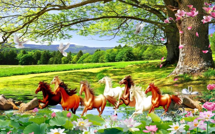 Tranh Ngựa Phong Cảnh Đẹp, Đàn Ngựa Phi Nước Đại Giữa Thiên Nhiên Hùng Vĩ, Hoa Sen, Thiên Nga, Núi Non