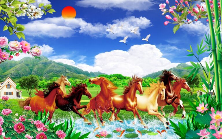 Tranh phong thủy tám ngựa phi nước đại mạnh mẽ trên dòng sông, mặt trời mọc, núi non hùng vĩ, chim sếu, hoa sen và tre xanh. Biểu tượng cho mã đáo thành công, thịnh vượng và tài lộc.