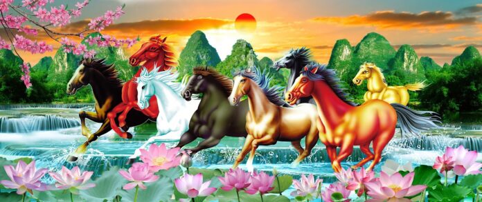 Tranh ngựa Mã Đáo Thành Công phong thủy, 9 con ngựa phi nước đại trên sông, mặt trời mọc, hoa sen và hoa anh đào, định dạng JPG chất lượng cao