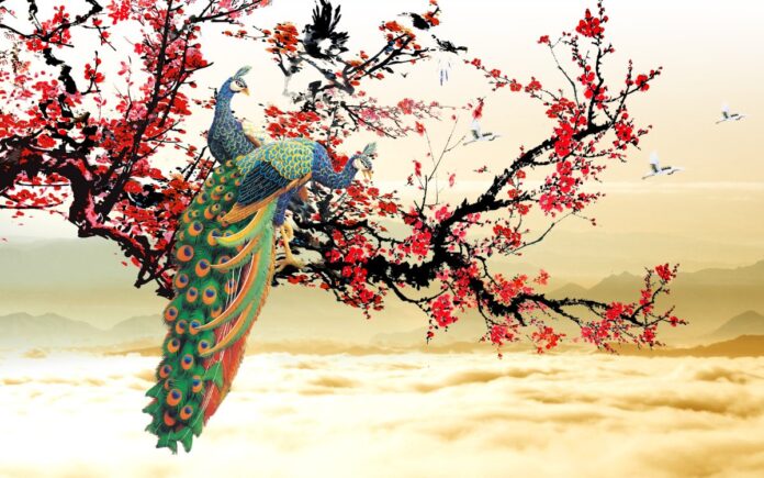 Tranh phong cảnh chim công và hoa đào