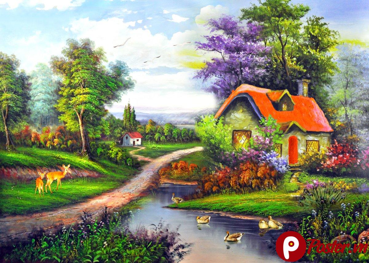 Tranh phong cảnh đồng quê hồ nước