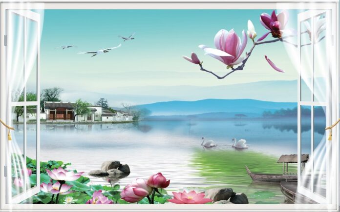 Tranh phong cảnh hồ nước hoa sen mộc lan