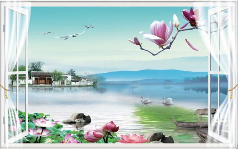 Tranh phong cảnh hồ nước hoa sen mộc lan